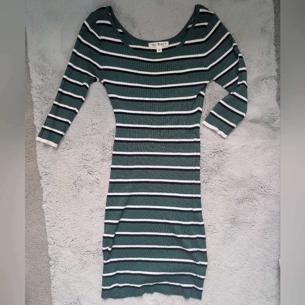 Say What? Green Striped Ribbed Bodycon Knit Sweater Dress | Junior Large